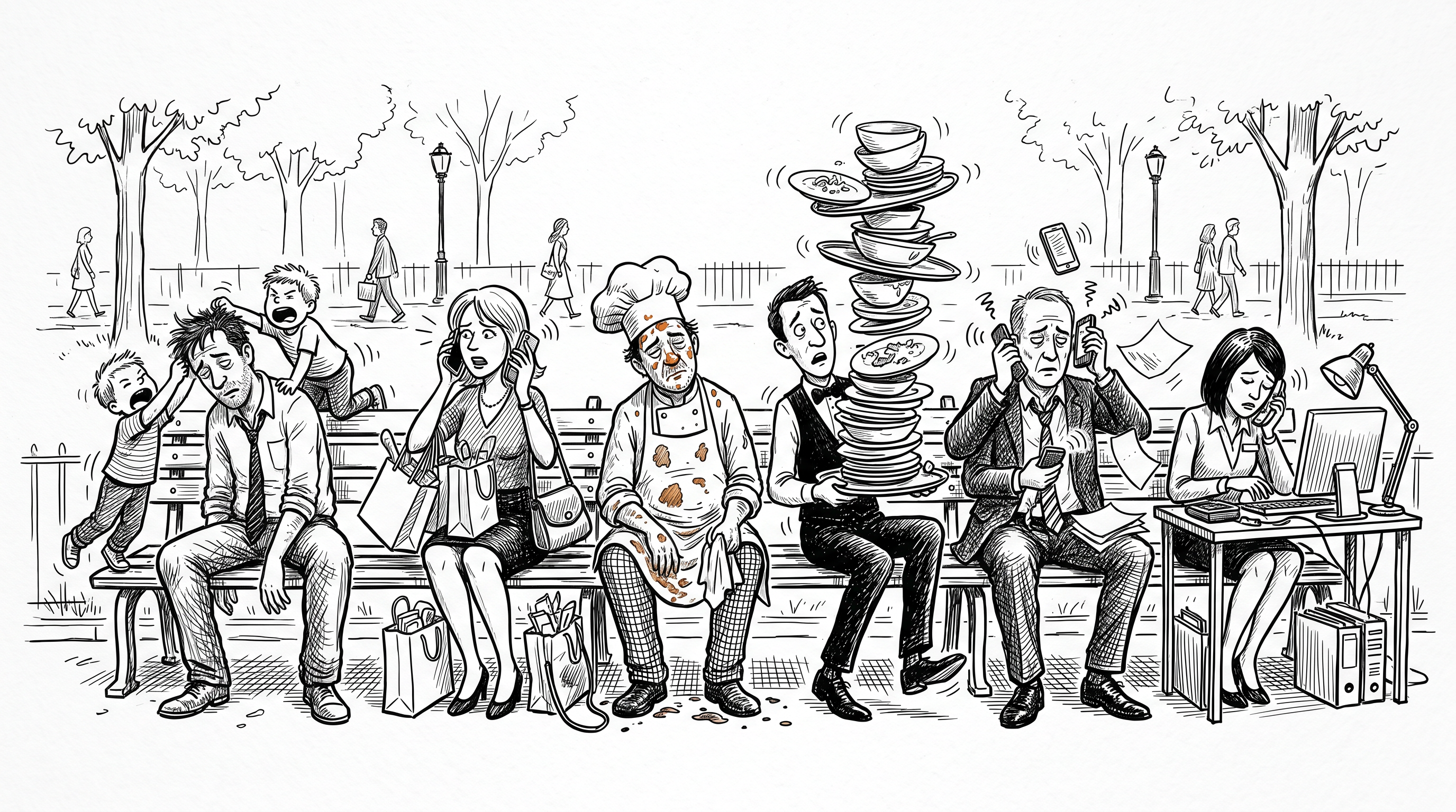 Illustration: sechs erschöpfte Charaktere auf einer Parkbank